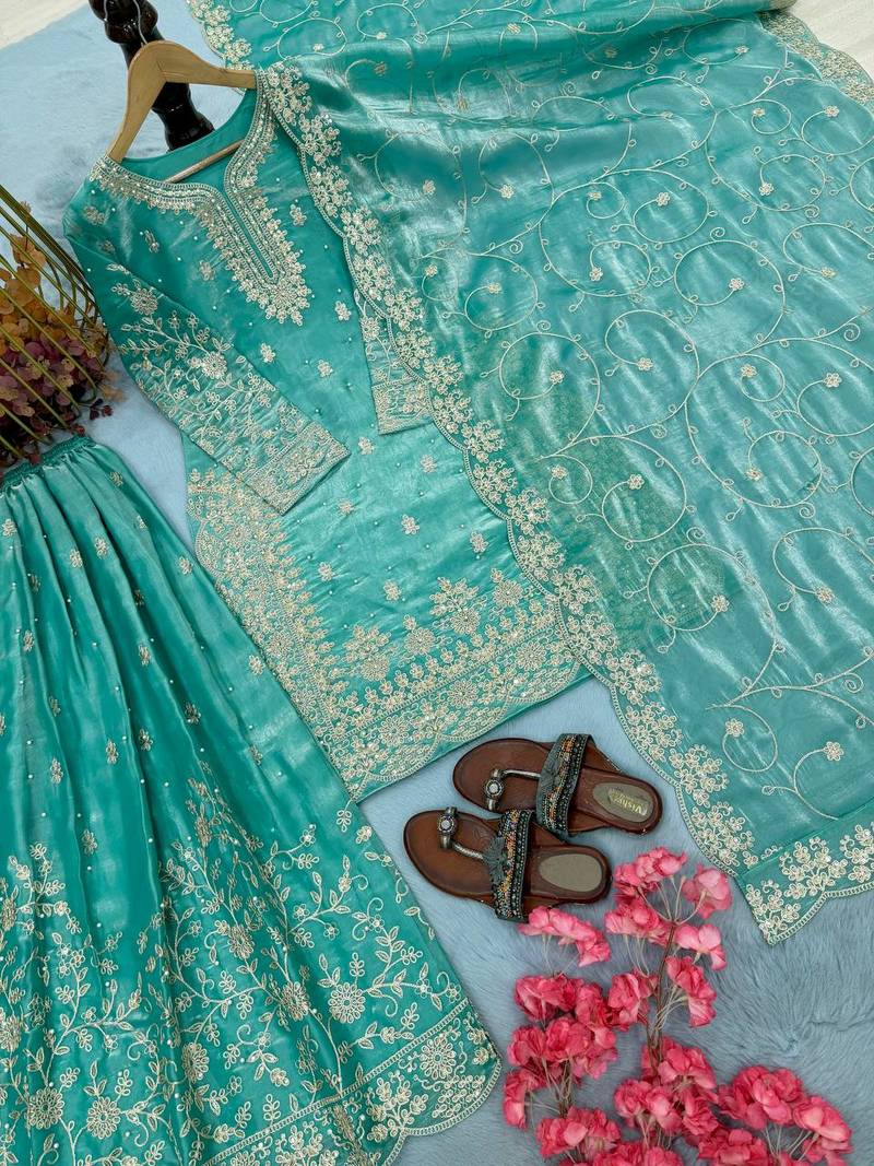 Turquoise Gimmy Silk Embroidery Work Wedding wear palazzo Set