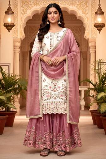 White Gimmy Silk Embroidery Work Wedding wear palazzo Set