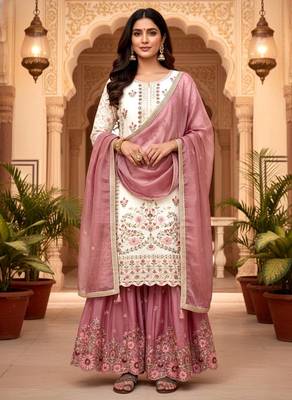 White Gimmy Silk Embroidery Work Wedding wear palazzo Set 1