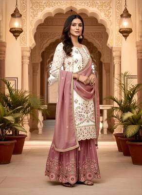 White Gimmy Silk Embroidery Work Wedding wear palazzo Set 2