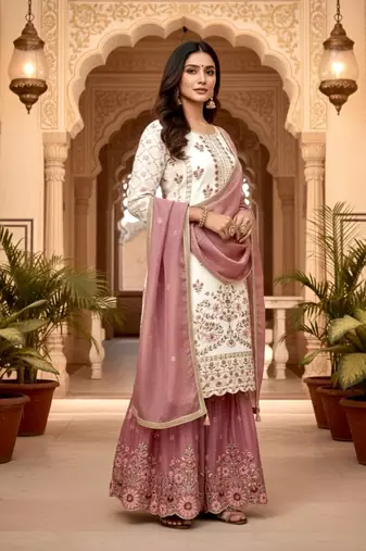 White Gimmy Silk Embroidery Work Wedding wear palazzo Set