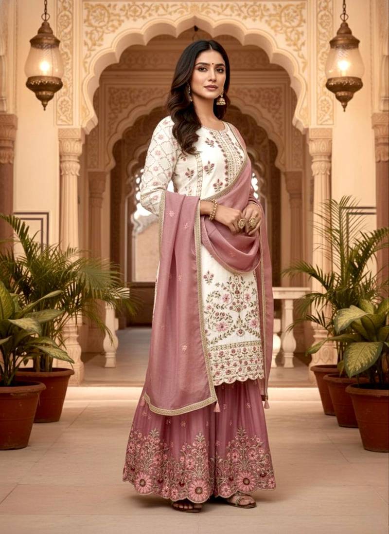 White Gimmy Silk Embroidery Work Wedding wear palazzo Set