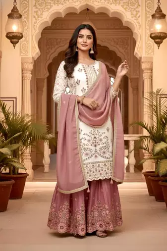 White Gimmy Silk Embroidery Work Wedding wear palazzo Set