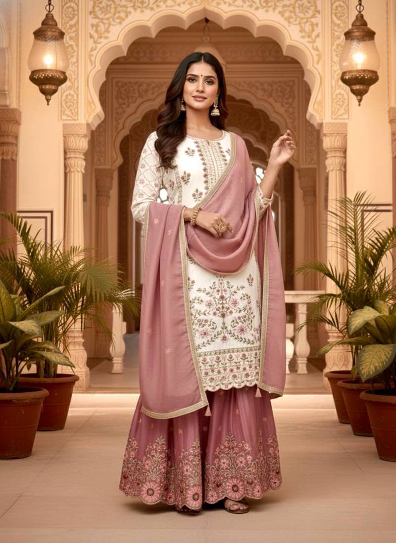 White Gimmy Silk Embroidery Work Wedding wear palazzo Set