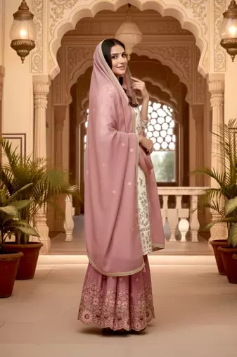 White Gimmy Silk Embroidery Work Wedding wear palazzo Set