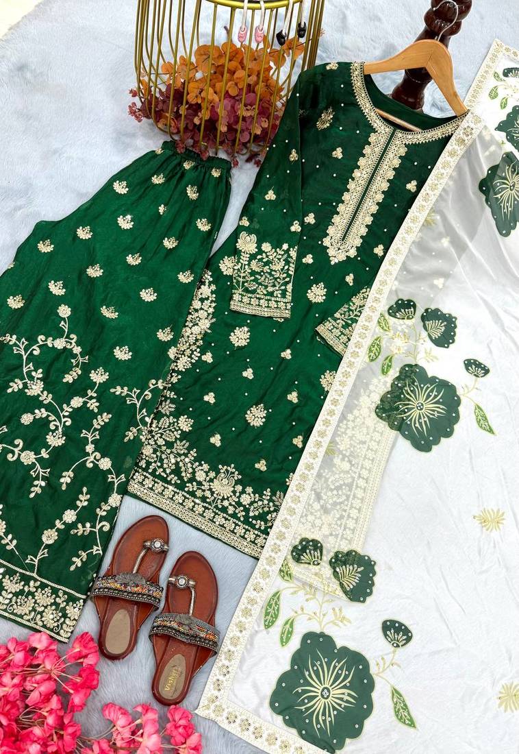 Green Fendy Silk Embroidery Work Designer Party wear Salwar Suit