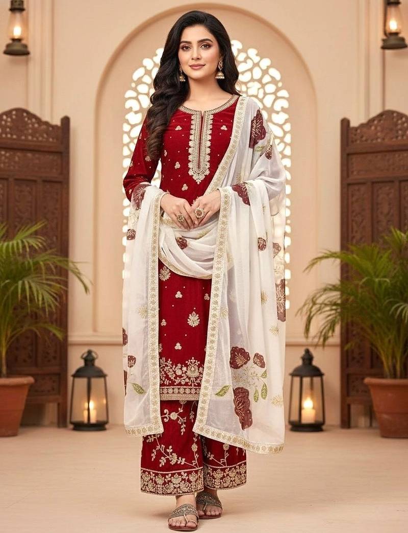 Maroon Fendy Silk Embroidery Work Designer Party wear Salwar Suit