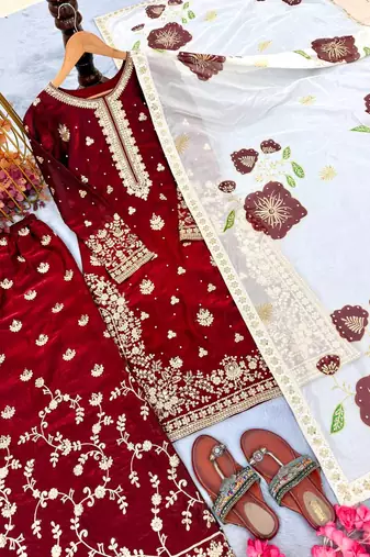 Maroon Fendy Silk Embroidery Work Designer Party wear Salwar Suit