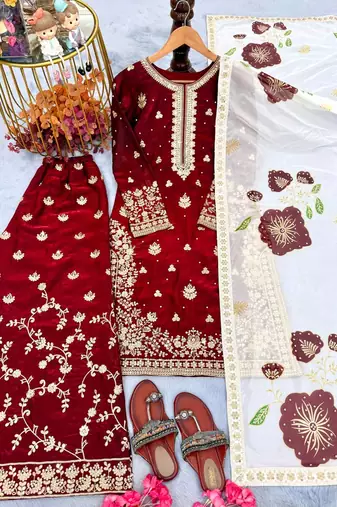 Maroon Fendy Silk Embroidery Work Designer Party wear Salwar Suit