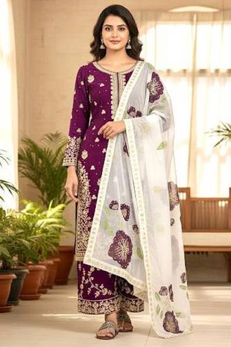 Wine Fendy Silk Embroidery Work Designer Party wear Salwar Suit