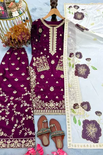 Wine Fendy Silk Embroidery Work Designer Party wear Salwar Suit