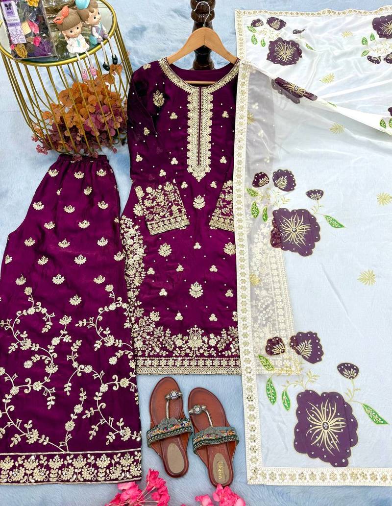 Wine Fendy Silk Embroidery Work Designer Party wear Salwar Suit