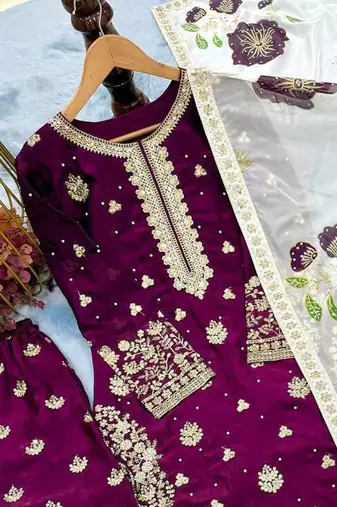 Wine Fendy Silk Embroidery Work Designer Party wear Salwar Suit