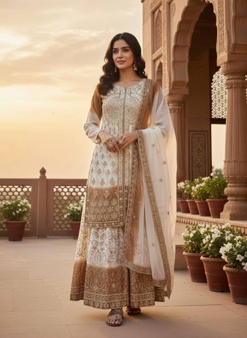 Multi Color Star Georgette Embroidery Work WEdding wear Designer palazzo Sset