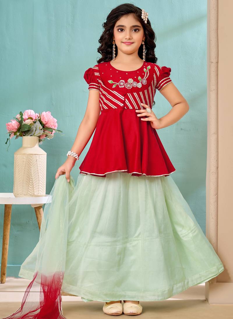 Red resham work art silk a line lehenga choli dupatta