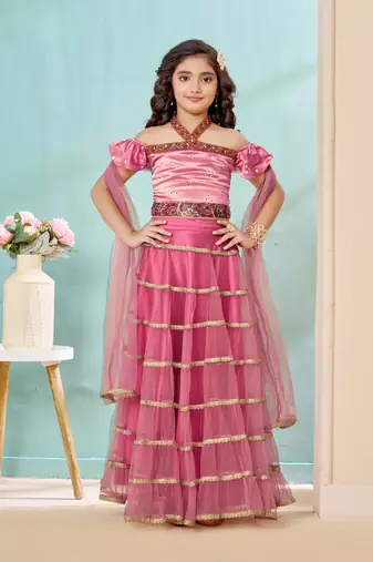 Pink sequins work satin a line lehenga choli dupatta
