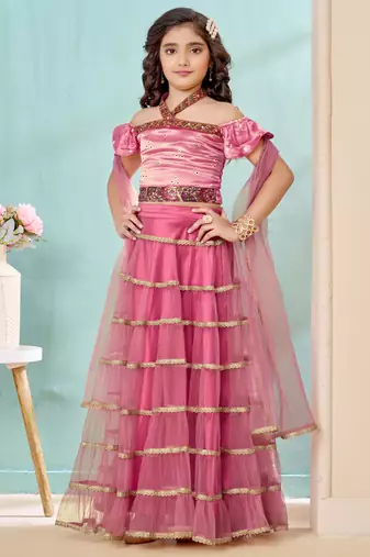 Pink sequins work satin a line lehenga choli dupatta