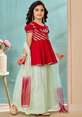 Red resham work art silk a line lehenga choli dupatta 4