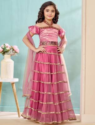 Pink sequins work satin a line lehenga choli dupatta 3