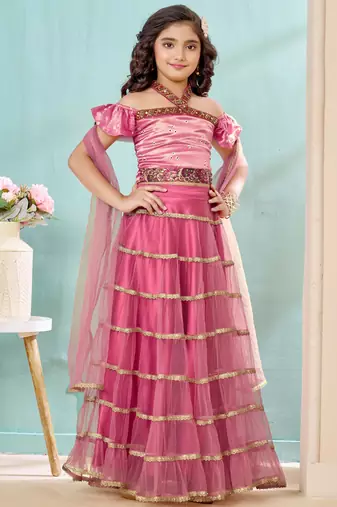Pink sequins work satin a line lehenga choli dupatta