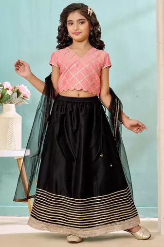 Pink gota border art silk a line lehenga choli dupatta