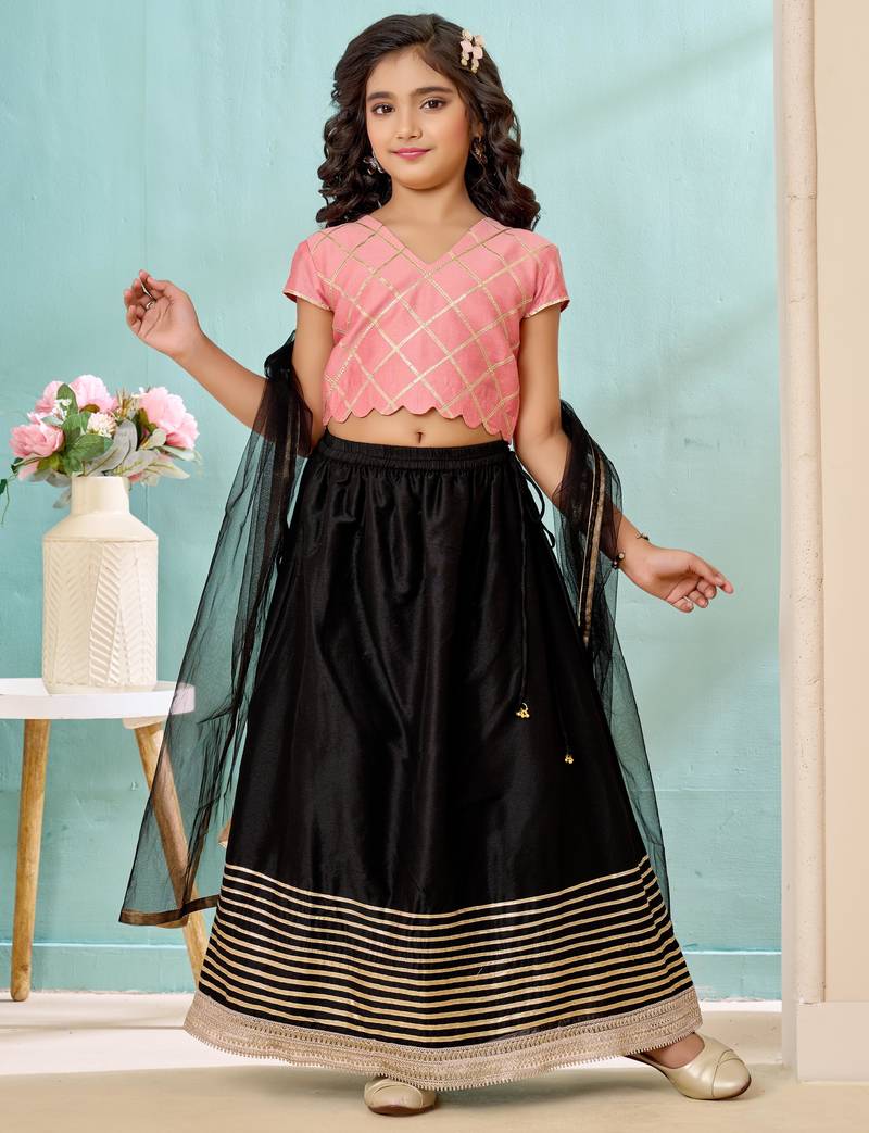 Pink gota border art silk a line lehenga choli dupatta