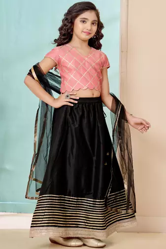 Pink gota border art silk a line lehenga choli dupatta