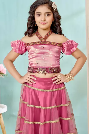 Pink sequins work satin a line lehenga choli dupatta