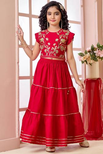 Red zari work art silk a line lehenga choli dupatta