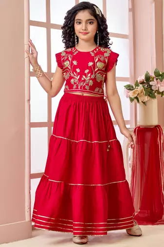 Red zari work art silk a line lehenga choli dupatta