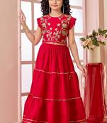 Red zari work art silk a line lehenga choli dupatta