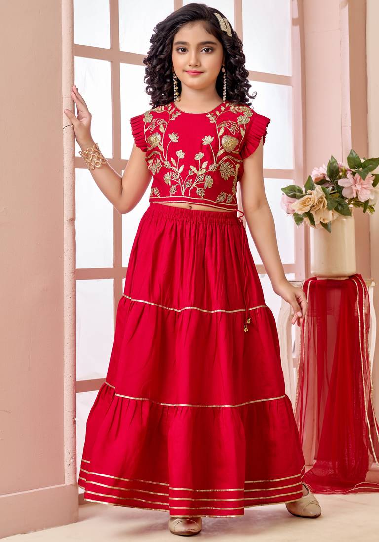 Red zari work art silk a line lehenga choli dupatta