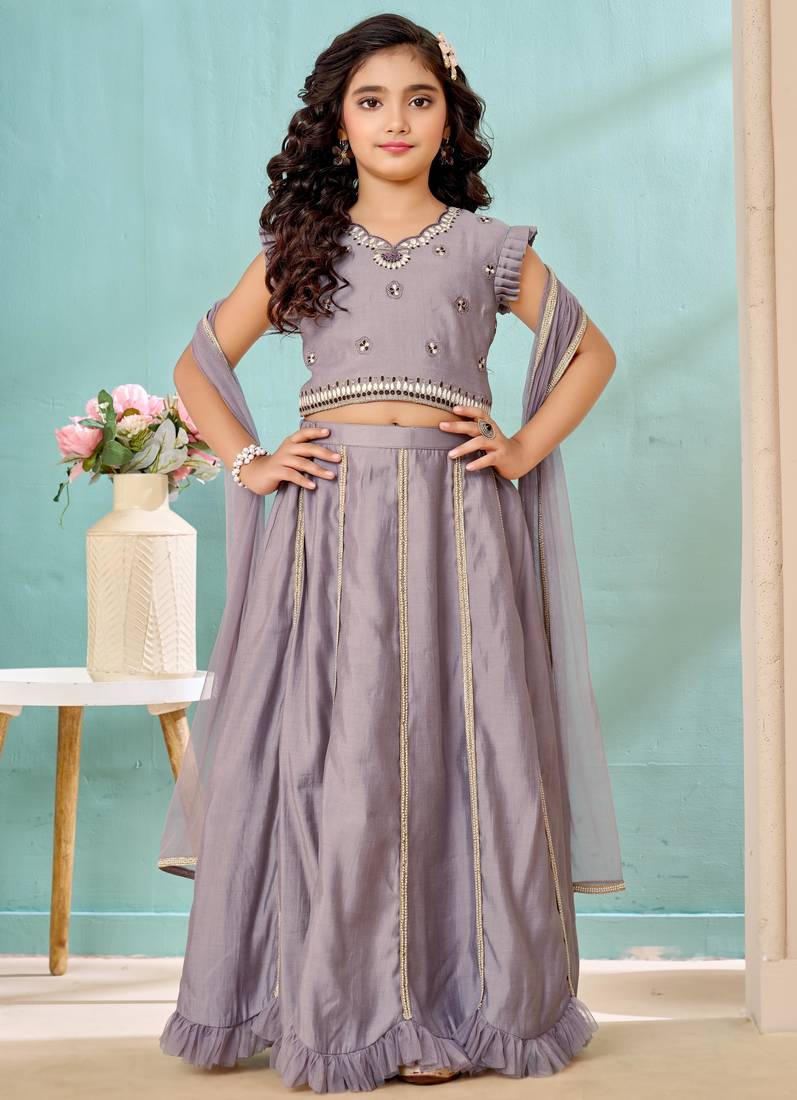 Grey resham work art silk a line lehenga choli dupatta