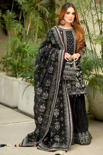 Black Faux georgette Heavy Embroidery Work Wedding wear palazzo Pair 