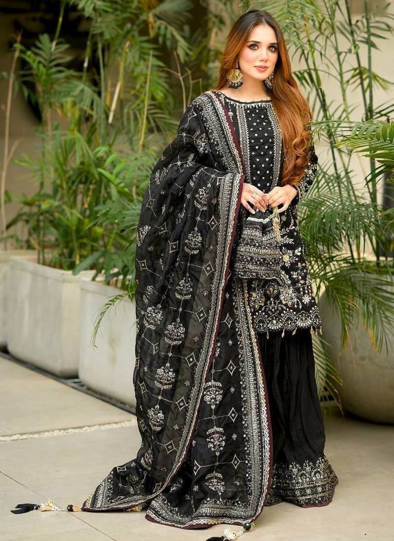 Black Faux georgette Heavy Embroidery Work Wedding wear palazzo Pair 