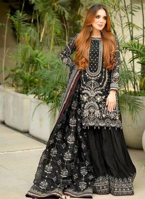 Black Faux georgette Heavy Embroidery Work Wedding wear palazzo Pair 2