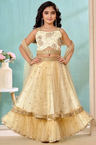 Cream beads art silk a line lehenga choli dupatta