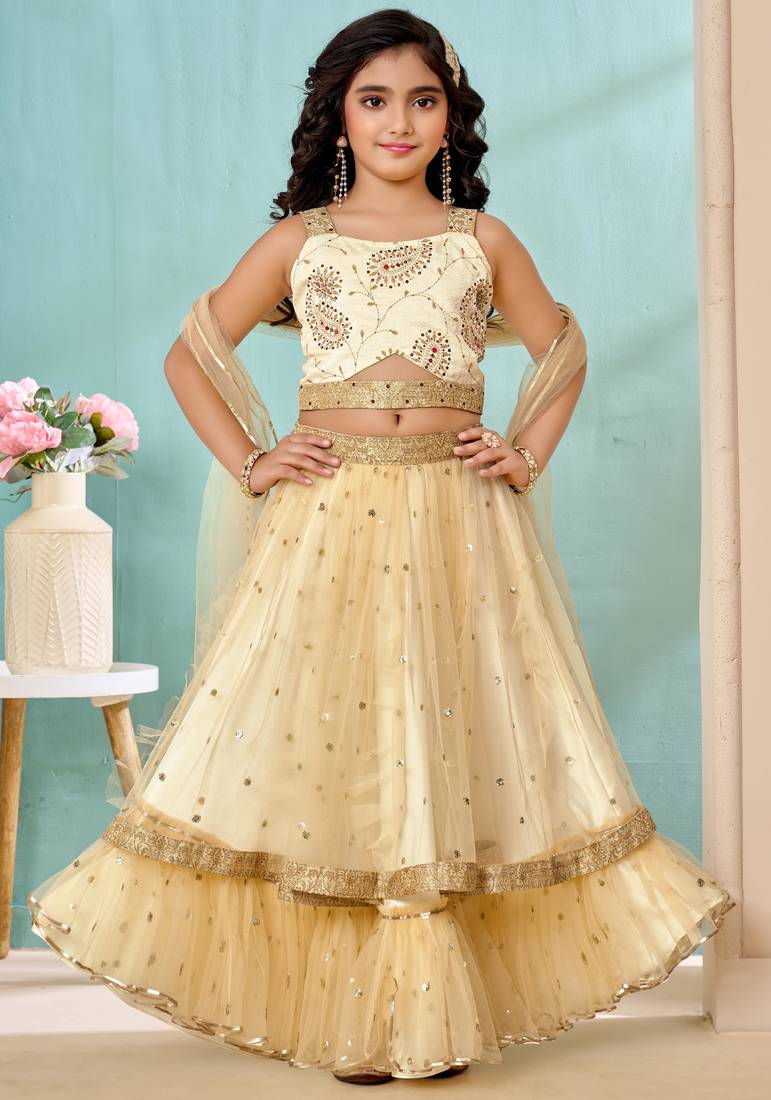Cream beads art silk a line lehenga choli dupatta