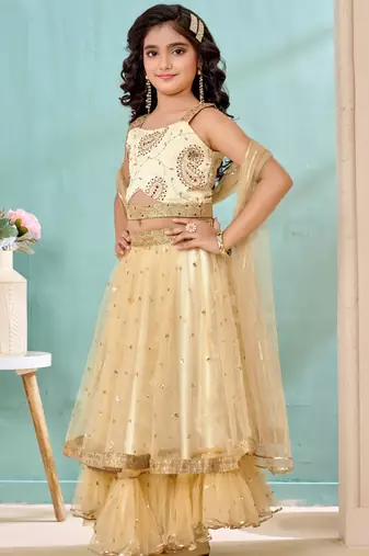 Cream beads art silk a line lehenga choli dupatta