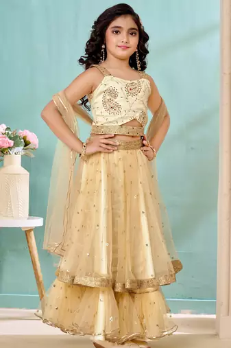 Cream beads art silk a line lehenga choli dupatta