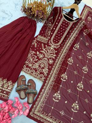 Maroon Faux georgette Heavy Embroidery Work Wedding wear palazzo Pair 3