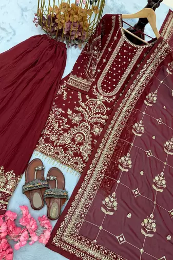 Maroon Faux georgette Heavy Embroidery Work Wedding wear palazzo Pair