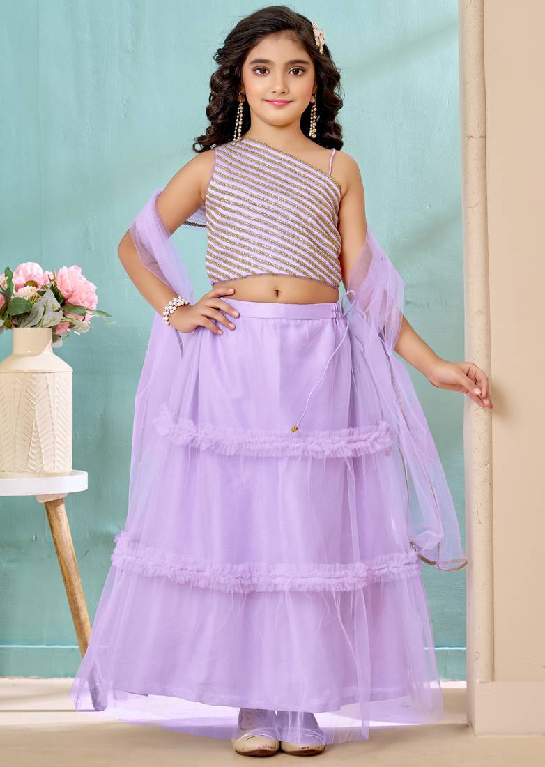 Lilac lace art silk a line lehenga choli dupatta