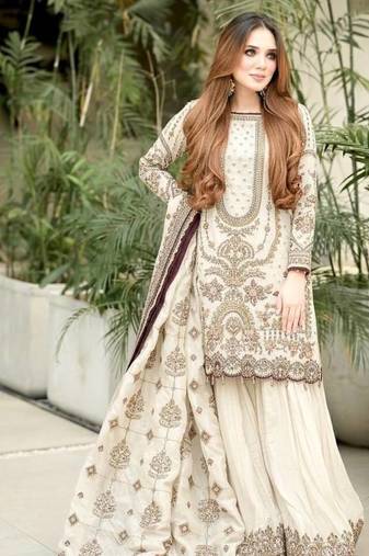 White Faux georgette Heavy Embroidery Work Wedding wear palazzo Pair 