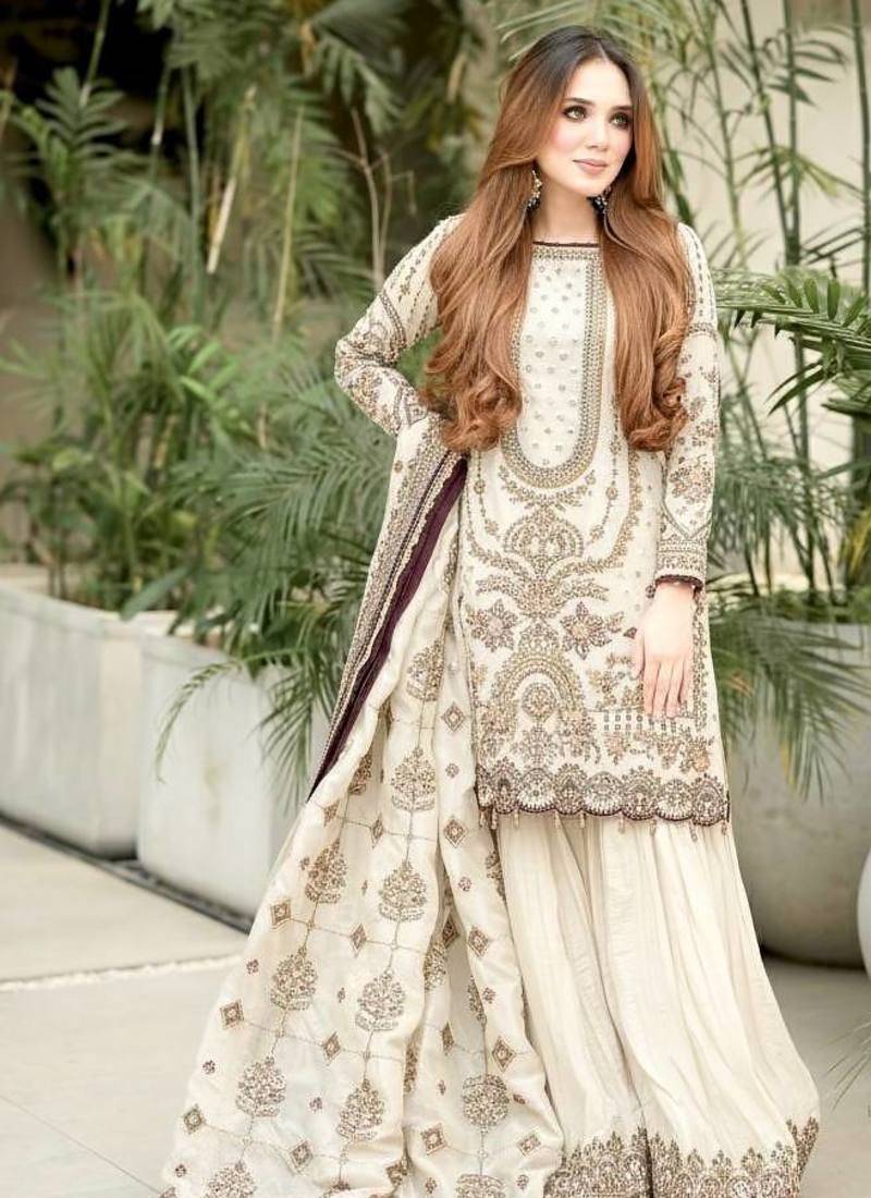 White Faux georgette Heavy Embroidery Work Wedding wear palazzo Pair 
