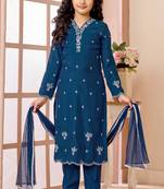 Blue resham embroidery art silk straight cut kids salwar suits