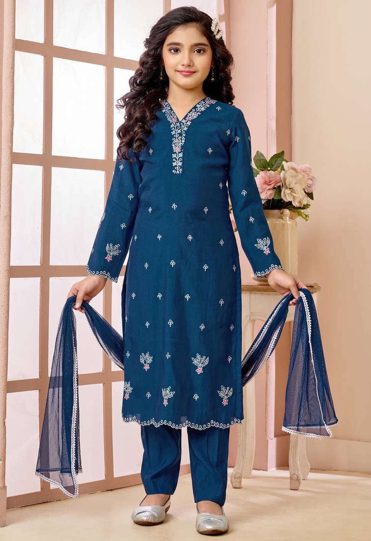Blue resham embroidery art silk straight cut kids salwar suits
