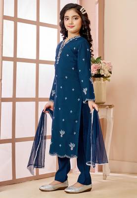 Blue resham embroidery art silk straight cut kids salwar suits 3