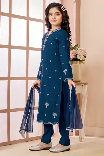Blue resham embroidery art silk straight cut kids salwar suits