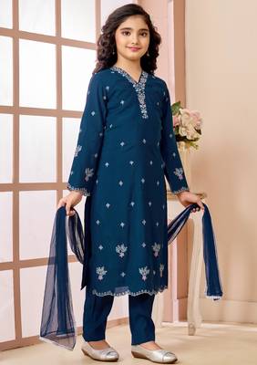 Blue resham embroidery art silk straight cut kids salwar suits 4
